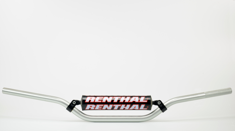 Silver 7/8 RC Bend handlebars by Renthal feature a sleek aluminum design with a prominent red and black Renthal logo on the center.