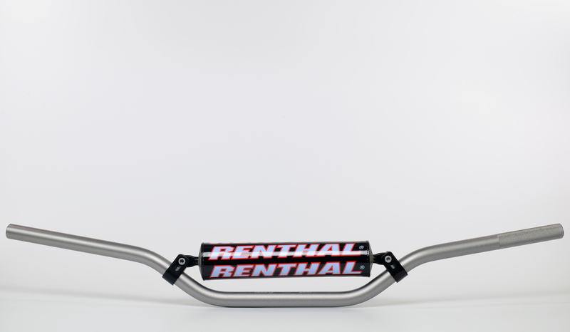 Titanium Renthal 971 7/8 RC Bend handlebars with a sleek silver finish, featuring bold red and black "RENTHAL" branding on the center.