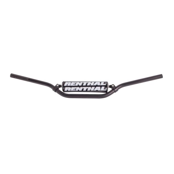 Silver Renthal 784 7/8 RC Mini 85cc bend handlebars featuring a sleek design with a black Renthal logo prominently displayed on the center pad.