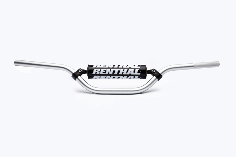 Silver aluminum handlebar with a black Renthal logo on a central pad, designed for Mini MX bikes like Kawasaki KX80/85/100, featuring a 7/8" diameter.