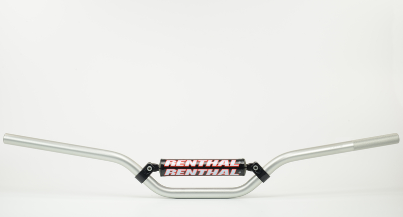 Silver Renthal 735 7/8 inch trials handlebars with a 5.5 inch rise, featuring a black and red Renthal logo on the center section and smooth, curved ends.