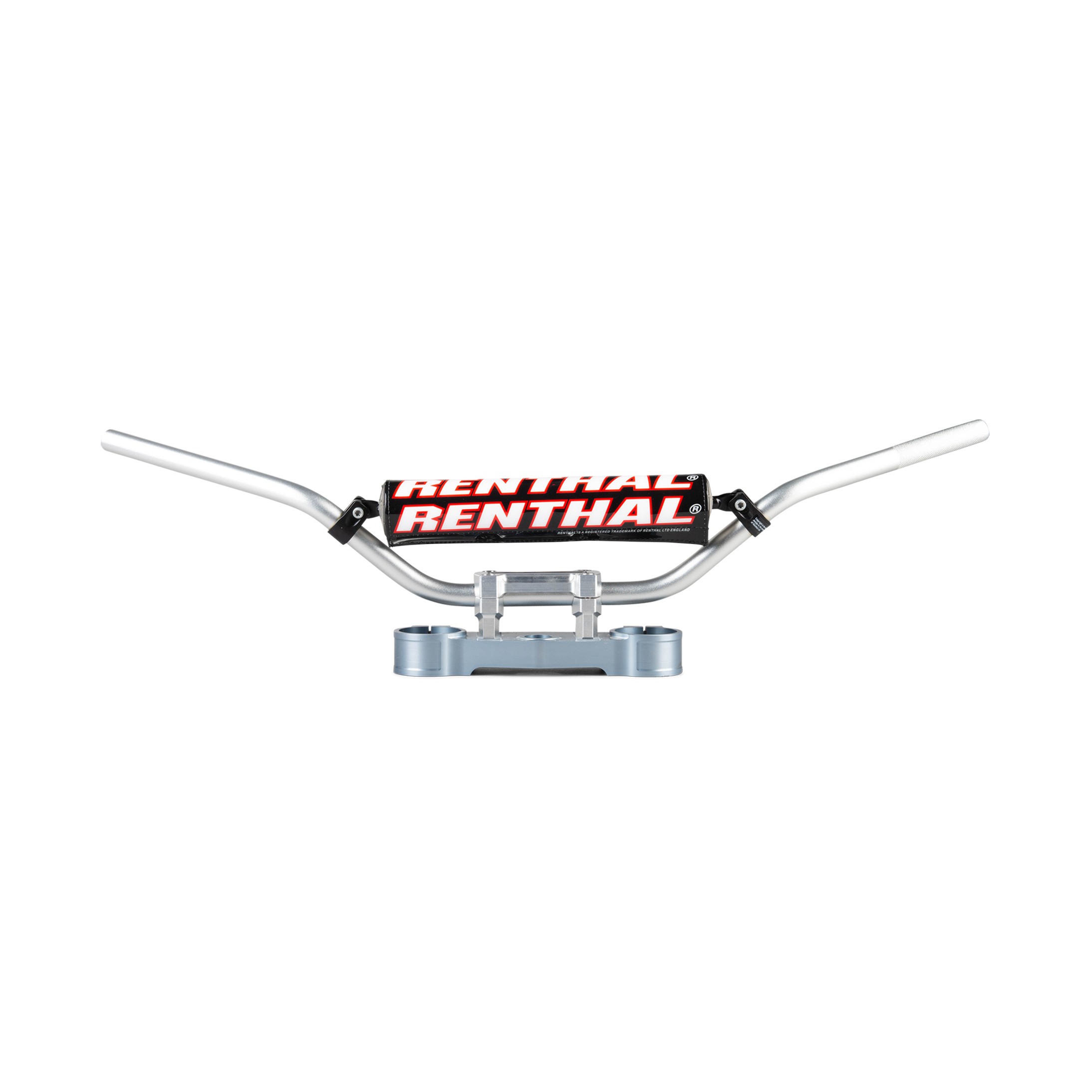Silver aluminum handlebars with a black and red Renthal logo, featuring a crossbar and mounting area for grips, designed for 7/8" diameter fittings.