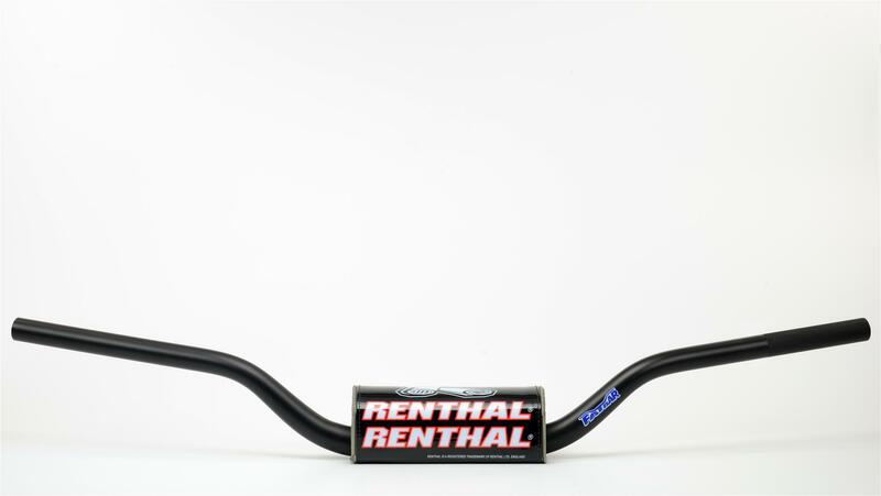 Black aluminum Renthal Fatbar 822 KTM Low Handlebar featuring a prominent red and white "RENTHAL" logo on the center, designed for enhanced grip and control.