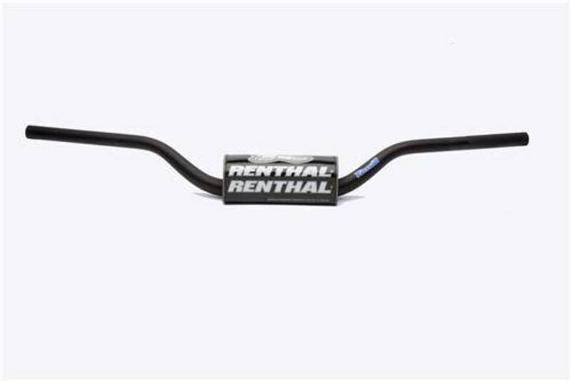 Black Renthal 829 110 Bend Trials Fat Bar Handlebars featuring a sleek design with a prominent Renthal logo on the center section and wide, curved grips for enhanced control.