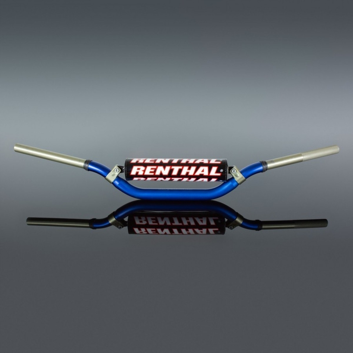 Blue Renthal Volant 1 1/8" MX Twinwall 922 handlebar with silver grips, featuring a sleek design and prominent Renthal logo, reflecting a high-quality aluminum material.