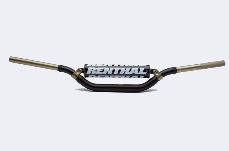 Black Renthal 996 Twinwall handlebars with a distinctive Villopoto/Stewart bend, featuring gold-colored ends and a prominent Renthal logo on the crossbar.