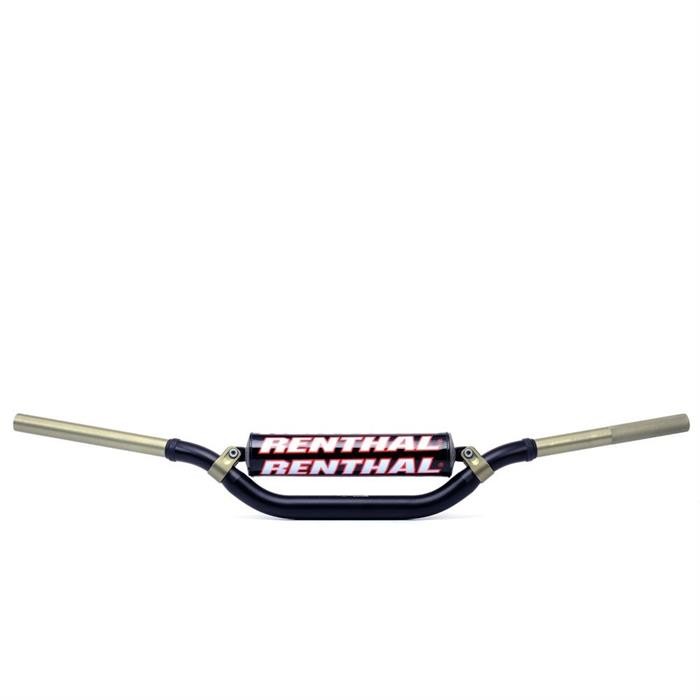 Black aluminum handlebar with a central red and white "RENTHAL" logo, featuring a twinwall design and gold-colored ends for enhanced durability and performance.