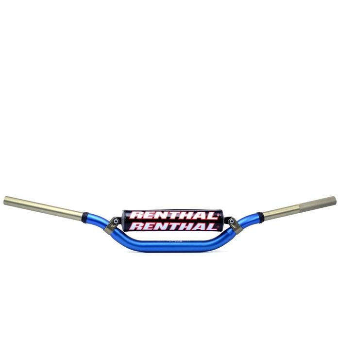 Blue aluminum handlebar with a distinctive Renthal logo in red and white, featuring a twinwall design for enhanced strength and durability, ideal for motocross bikes.