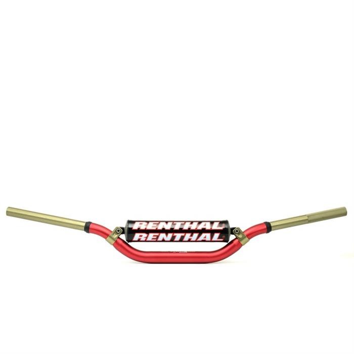 Red Renthal 998 Twinwall handlebars with a distinctive bend, featuring gold-colored ends and a prominent black and white "RENTHAL" logo in the center.