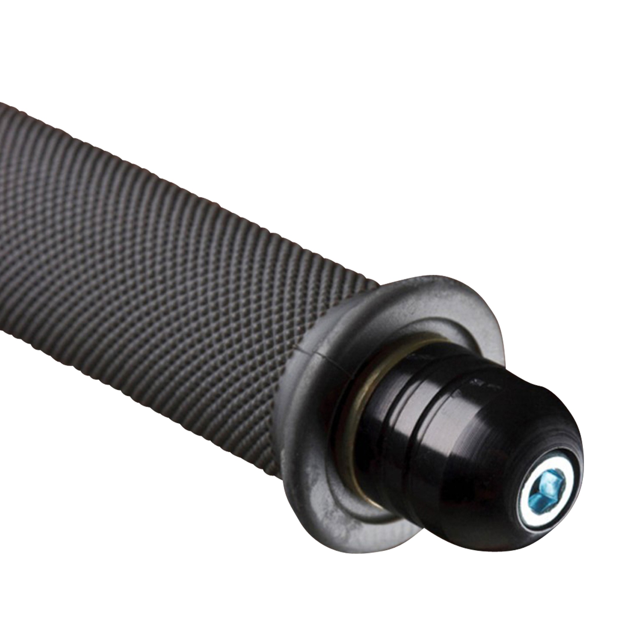 Black textured handlebar end with a metallic cap and screw, designed for enhanced grip and durability, featuring a sleek, modern finish.