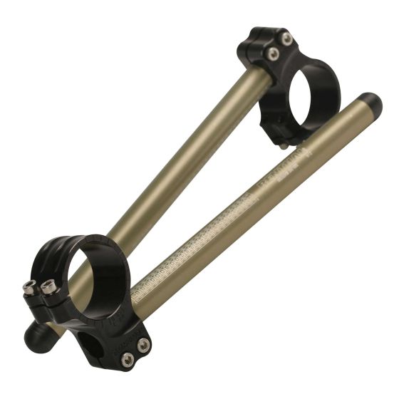 Silver Renthal clip-on handlebars featuring 53mm clamps, made of lightweight aluminum with a sleek finish and black clamp accents for a modern look.