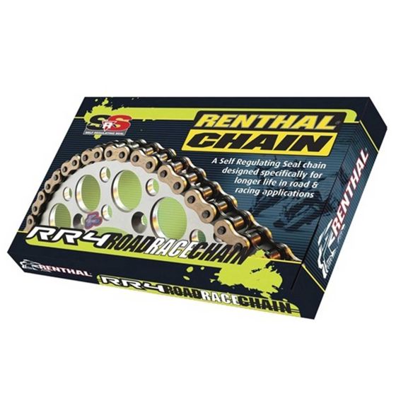 Gold Renthal RR4 SRS Superbike drive chain with 520 pitch and 120 links, packaged in a black and blue box featuring the brand logo and product details.