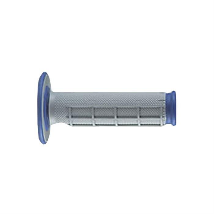 Dual Series Half Waffle grips by Renthal, featuring a textured gray rubber surface with blue end caps, designed for improved grip and comfort on handlebars.
