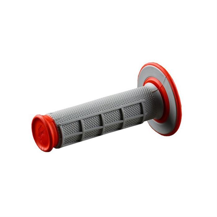 Gray rubber grip with a half waffle texture, featuring a red end cap and grip ring, designed for enhanced control and comfort in motocross or biking applications.