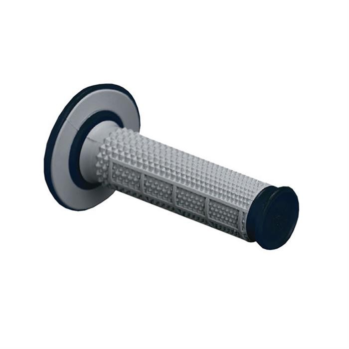 White rubber MX grip with a half waffle pattern, featuring a blue end cap and a blue accent ring, designed for enhanced control and comfort in motocross riding.