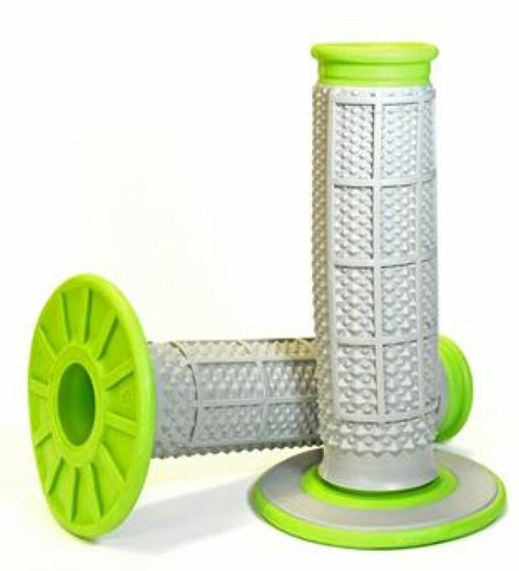 Gray and green dual compound tapered grips with a half waffle texture, featuring a textured surface for improved grip and large flanged ends for added control.