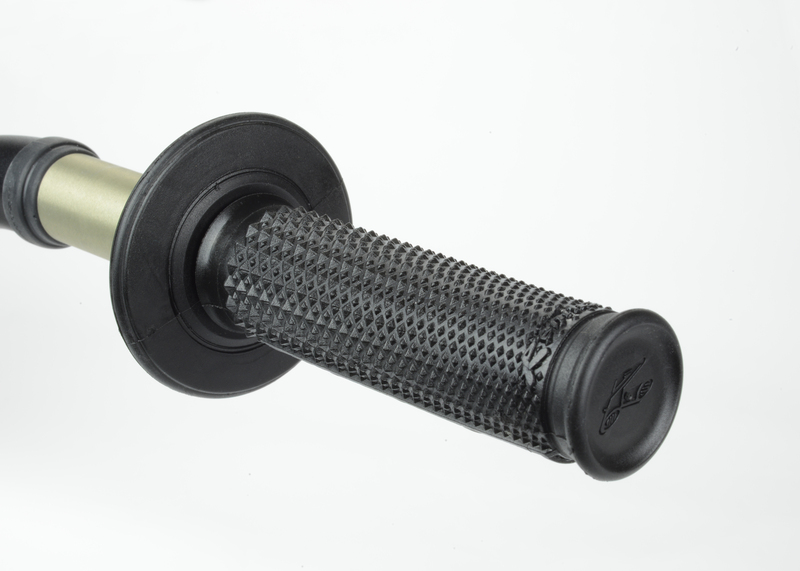 Black rubber grip with a half waffle texture, featuring a gold aluminum core and Renthal branding on the end cap, designed for enhanced traction and control.