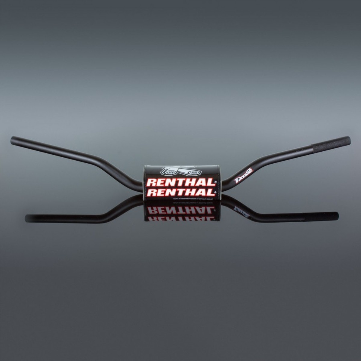 Black Renthal 603 Reed/Windham Bend Fat Bar handlebars with a glossy finish, featuring a prominent red and white logo, designed for enhanced grip and control.