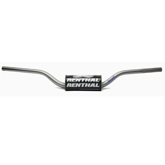 Silver aluminum handlebar with a high-rise design, featuring a black Renthal logo on the center, designed for improved control and comfort in biking.