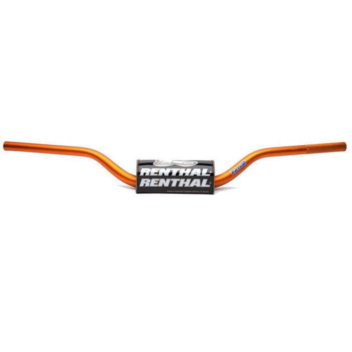 Orange aluminum handlebar with a black Renthal logo in the center, designed for mini bikes and 85CC models, featuring a lightweight and durable construction.
