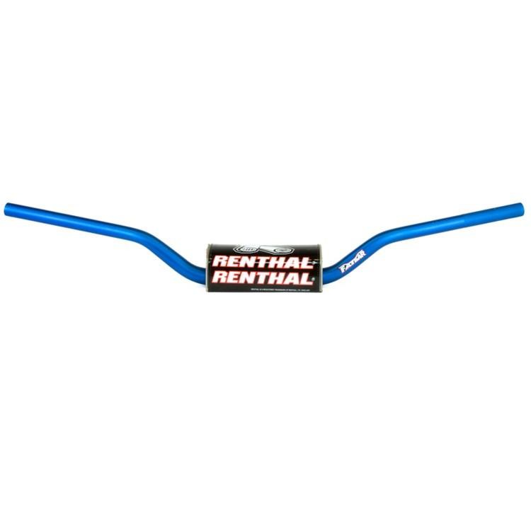 Blue Renthal 672 Fat Bar handlebars with a glossy finish, featuring a central black logo, designed for KTM SX/SXF, Suzuki RM/RMZ, and Yamaha YZF models.