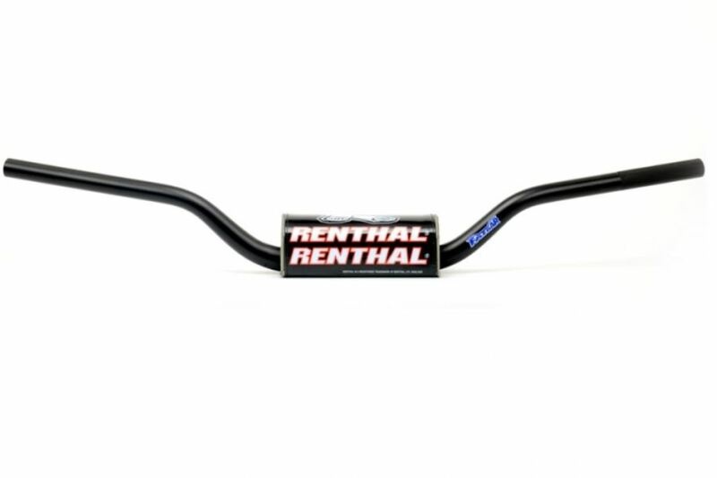 Black aluminum handlebar with a slight rise, featuring a prominent red and white "RENTHAL" logo in the center, designed for McGrath/KTM SX125/450/Suzuki motorcycles.