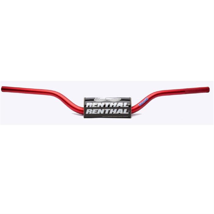 Red titanium handlebars with a black Renthal logo, designed for Honda CRF (2004-2018) and Kawasaki KX/KXF (2006-2020) motorcycles, featuring a RC bend for improved control.