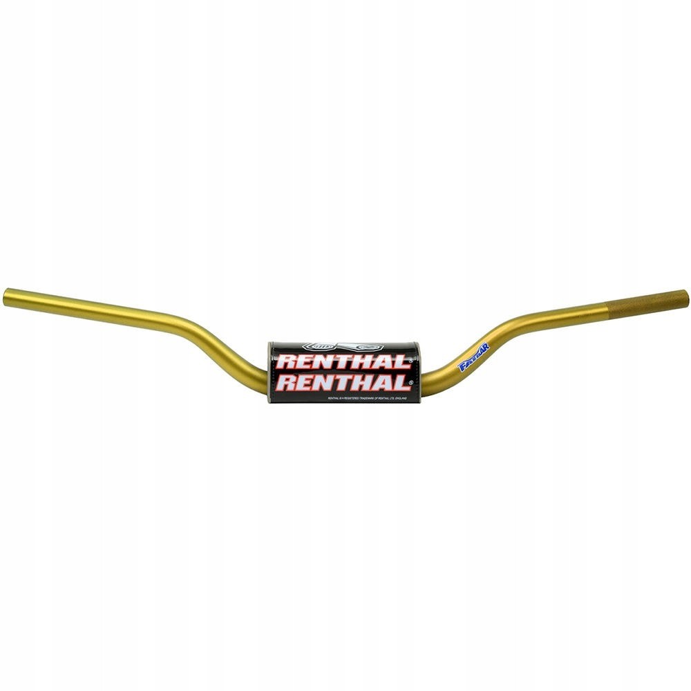 Gold aluminum handlebar with a high-rise design, featuring a black Renthal logo sticker in the center and textured grip areas on the ends.