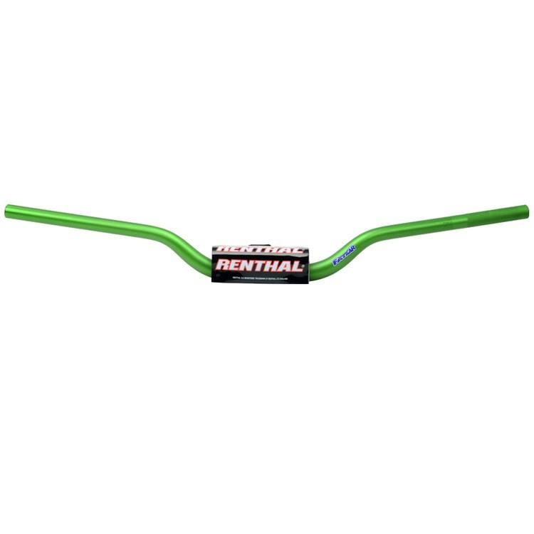 Bright green Renthal 673 Bou/Lampkin Trials Fat Bar handlebars with a sleek aluminum design and a prominent logo sticker in the center.