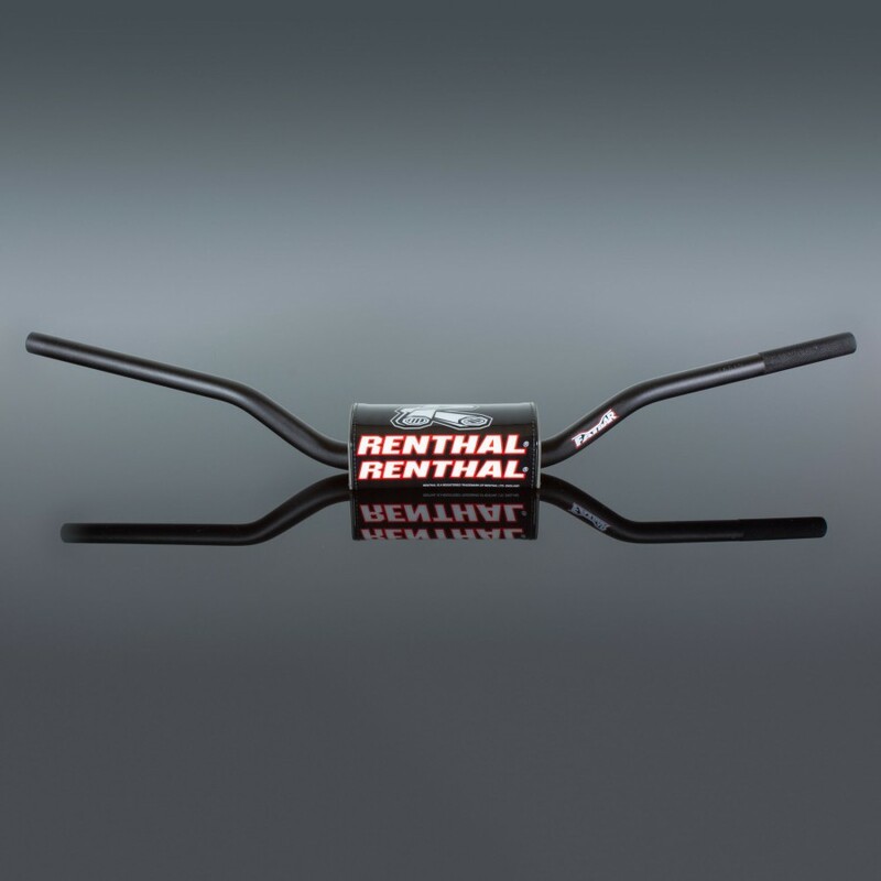 Black Renthal 672 Fat Bar handlebars with a glossy finish, featuring a central logo and wide, curved grips, designed for specific KTM, Suzuki, and Yamaha models from various years.