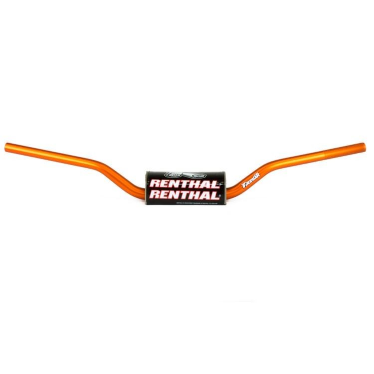 Orange Renthal 609 RC High Bend Fat Bar handlebars with a black and white logo in the center, featuring a sturdy aluminum construction and a high-rise design for improved control.