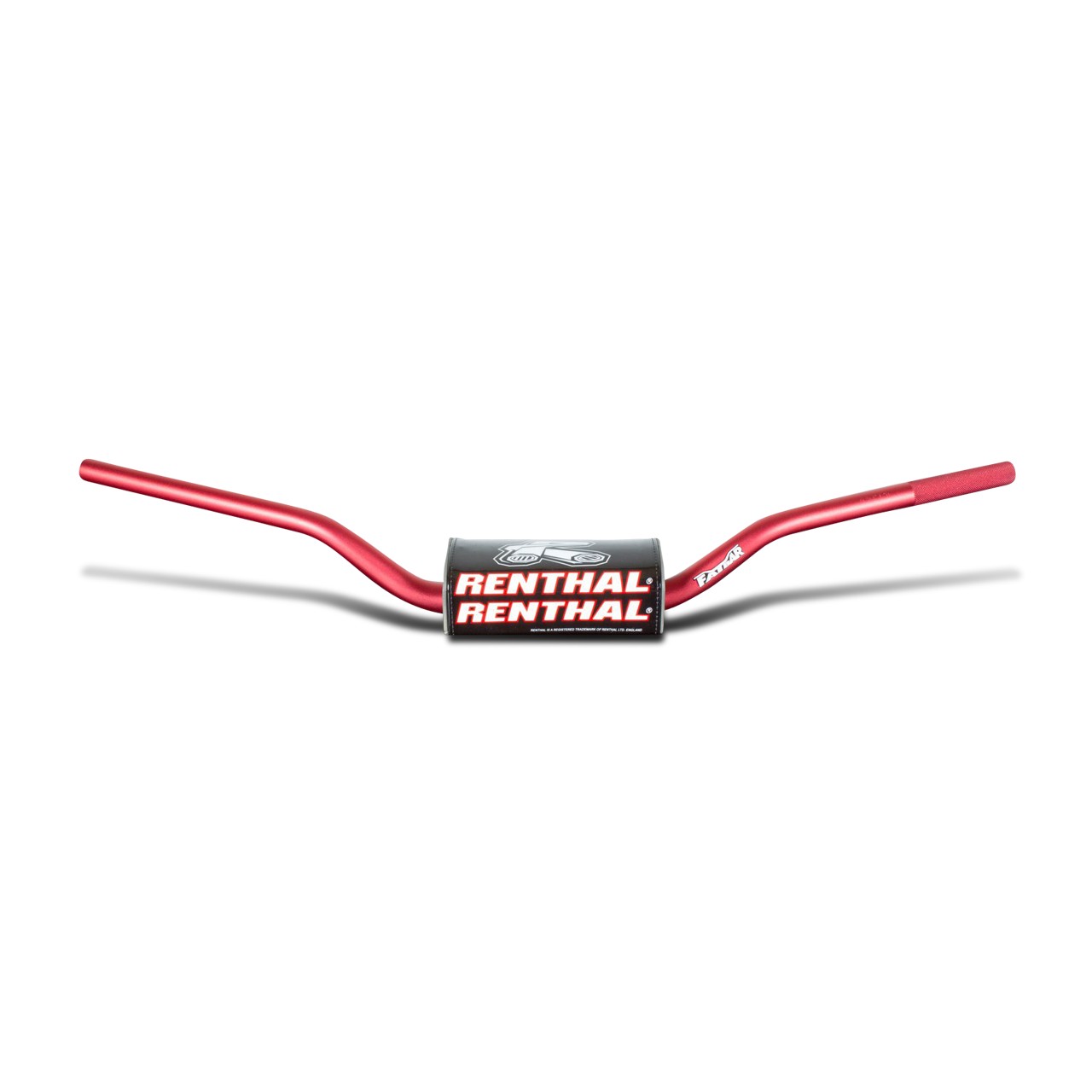Red aluminum handlebars with a black center pad featuring the "Renthal" logo in bold white letters, designed for enhanced grip and control.