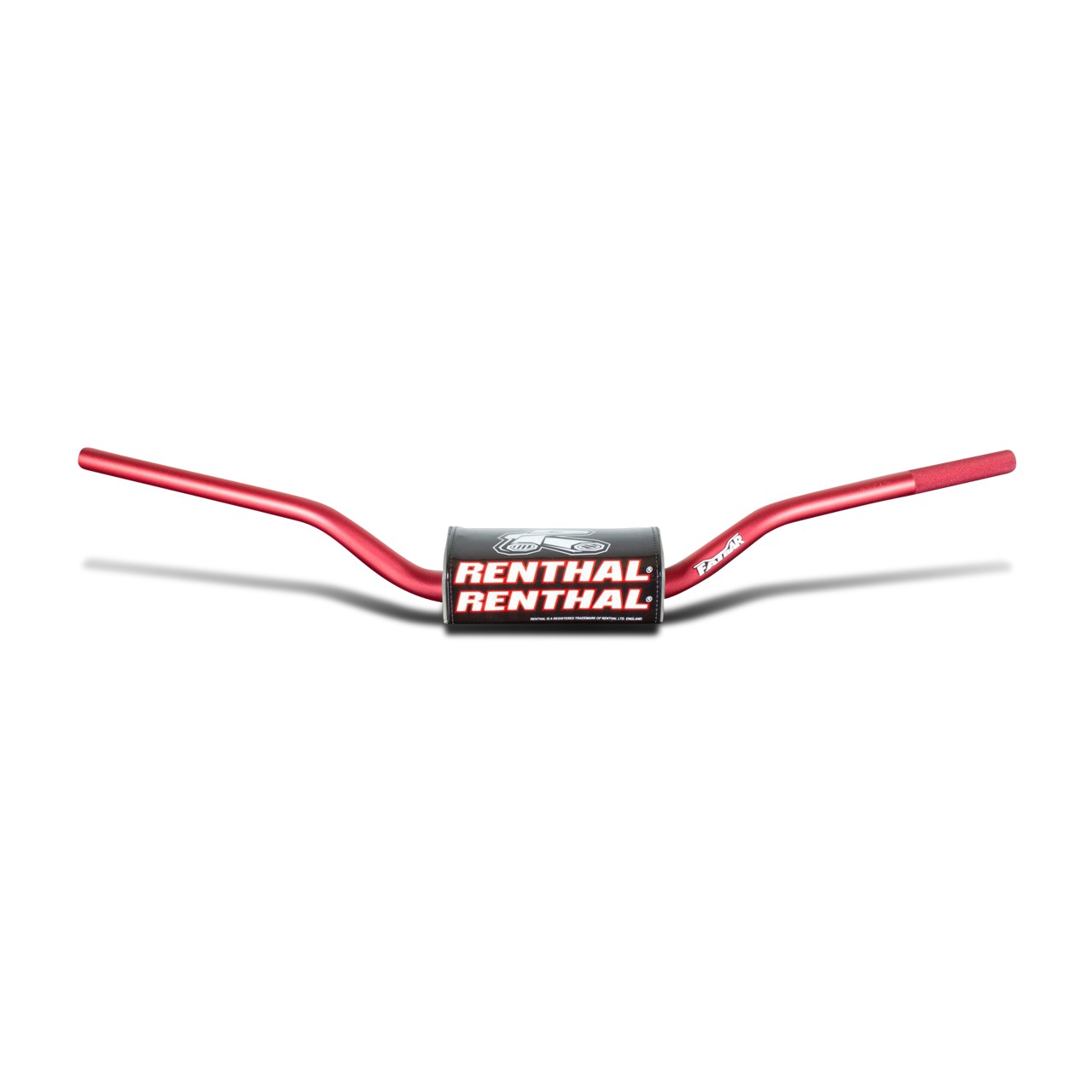 Red Renthal Volant 1 1/8" (28.6mm) MX Fatbar handlebars featuring a black center with white "RENTHAL" branding and a curved design for improved grip and control.