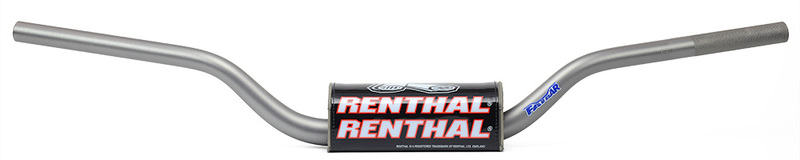 Renthal 609 RC High Bend Fat Bar Handlebars in titanium finish, featuring a curved design and textured grip areas, with a prominent Renthal logo on the center pad.