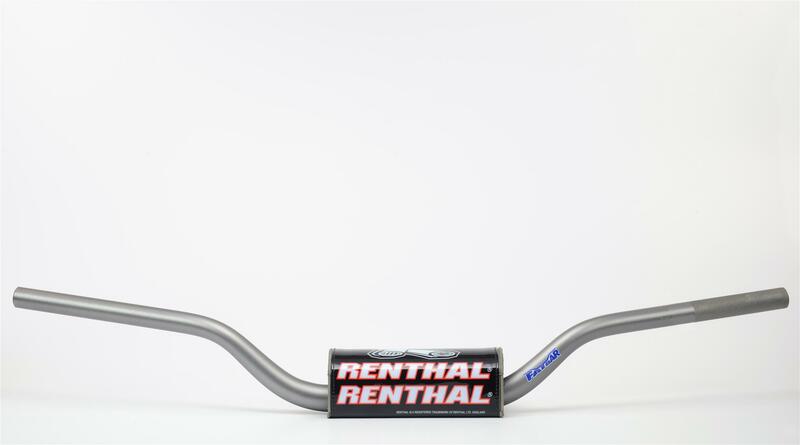 Renthal 673 Bou/Lampkin Trials Fat Bar Handlebars in titanium, featuring a sleek silver finish, wide curved ends, and a prominent black and red logo on the central section.