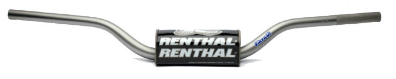 Silver aluminum handlebar with a curved design, featuring a black Renthal logo sticker in the center, designed for enduro biking, measuring 745mm in width.