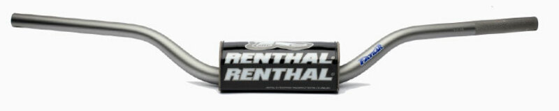 Titanium Renthal 821 McGrath Bend Fat Bar Handlebars featuring a sleek silver finish, with a black Renthal logo sticker on the center.