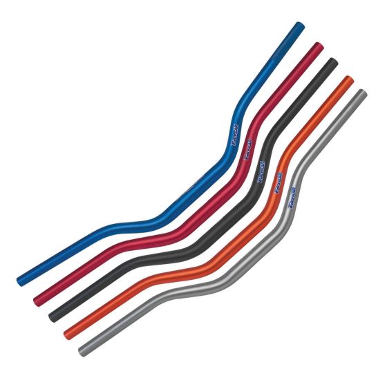 Fatbar 602 handlebars by Renthal in various colors: blue, red, black, orange, and grey, featuring a distinctive bend design for enhanced control and comfort.