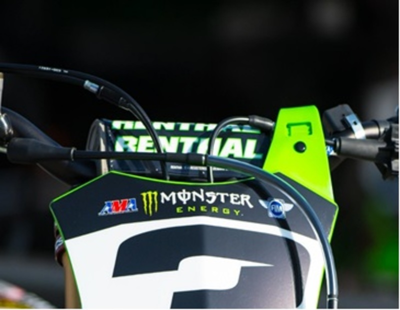 Black, green, and white Renthal Fat Bar Pad featuring the Renthal logo and Monster Energy branding, designed for motorcycle handlebars.