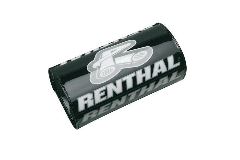 Black cylindrical handlebar pad with a glossy finish, featuring the white "RENTHAL" logo and a graphic design, designed for added protection and comfort.