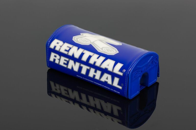 Blue padded handlebar pad with white "RENTHAL" logo, featuring a curved design and cut-out for easy attachment, made from durable material for added protection.