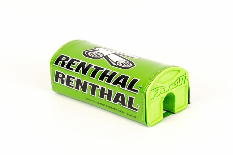 Bright green Renthal Fat Bar Pad with black "RENTHAL" logo, featuring a curved design and cut-out for easy installation on handlebars.
