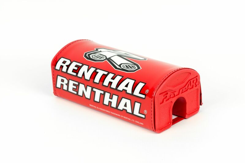Red handlebar pad with "RENTHAL" branding in white, designed for Fatbar® handlebars, featuring a durable material and a cut-out for easy installation.