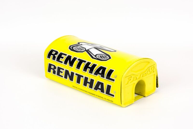 Bright yellow handlebar pad with "RENTHAL" branding in black, featuring a curved top and an opening on one side for easy installation, made from durable foam material.