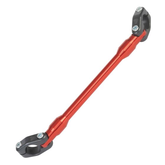 Red aluminum handlebar brace with black end fittings, featuring a sleek design and durable construction, ideal for enhancing stability on motorcycles.