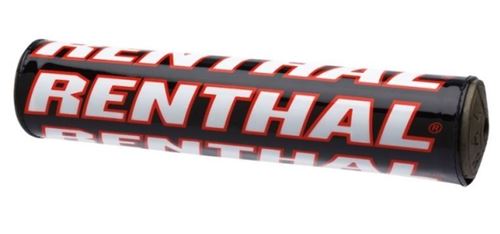 Black handlebar pad with bold white and red "RENTHAL" branding, measuring 216mm, designed for mini bikes, featuring a durable foam material for impact protection.