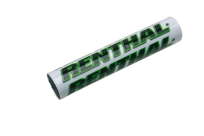 White handlebar pad with bright green "RENTHAL" branding, measuring 205mm, designed for mini bikes, featuring a durable foam material for impact absorption.