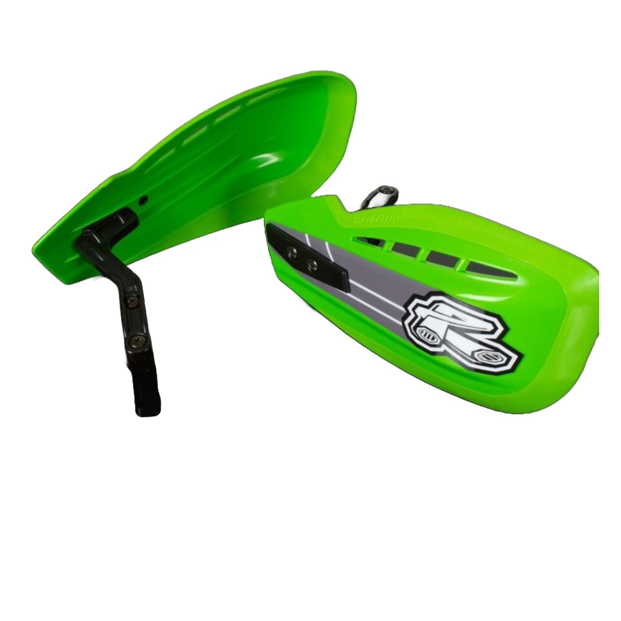 Bright green Renthal handguards with a sleek design, featuring a silver stripe and logo, made from durable plastic, ideal for motorcycle protection.