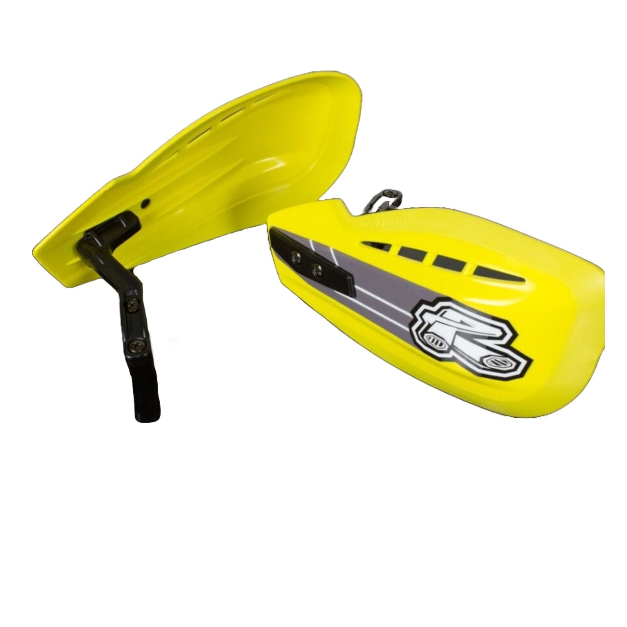 Bright yellow Renthal handguards with a sleek design, featuring a gray stripe and logo, made from durable plastic, ideal for motorcycle protection.