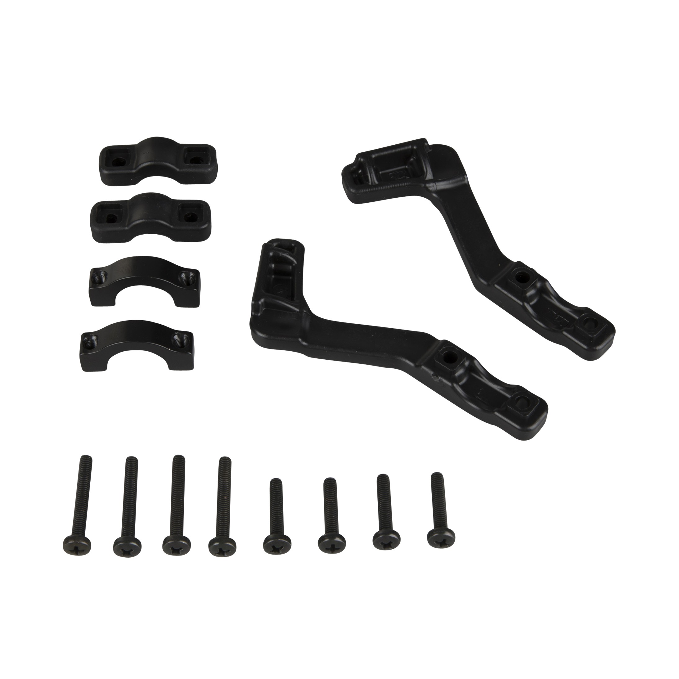 Black Renthal Moto Handguards made of durable material, featuring mounting brackets and screws for installation, designed to protect hands while riding.